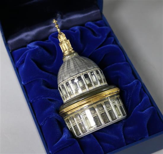 A Halcyon Days musical bonbonierre modelled as St Pauls Cathedral 10.5cm. boxed.